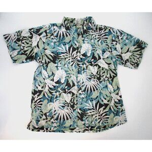 Go Barefoot Hawaiian Shirt Mens Large Blue Green Cotton Short Sleeve Button Up